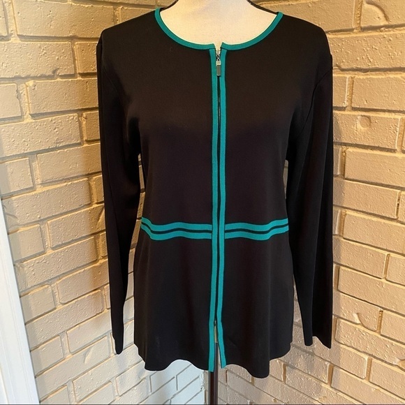 Exclusively Misook Zip Front Cardigan Green trim - Picture 1 of 7